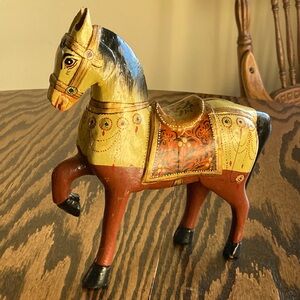 Antique Indian Carved Hand-Painted Wooden Ghodi Wedding Horse 9” Tall